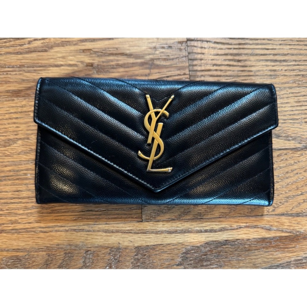 YSL SAINT LAURENT Monogram  Leather wallet black chevron gold logo clutch luxury
